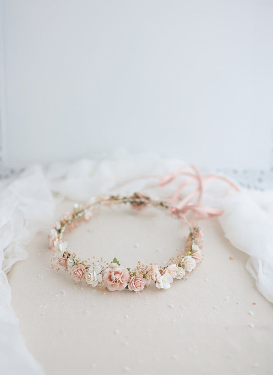 Dried flower crown with baby's breath and dusty rose flowers