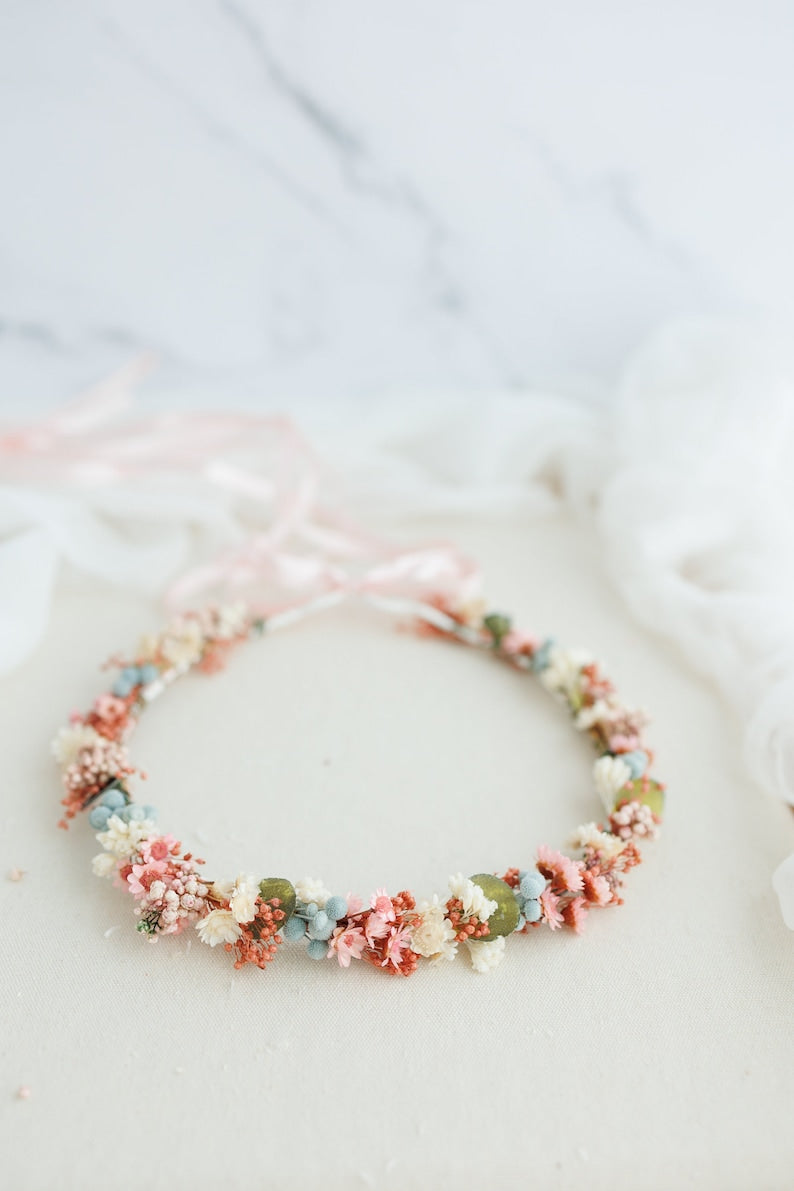 Dried flower crown with blush pink flowers