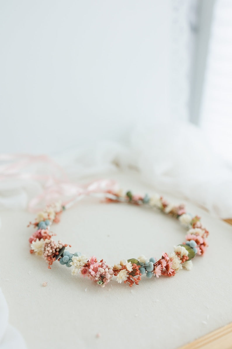 Dried flower crown with blush pink flowers